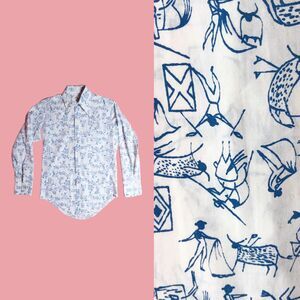 1960s JONATHAN HILL Design. BULL. Matador Print. Button Up Collared Shirt. XS-S